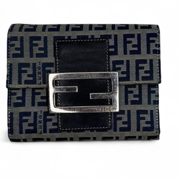 Fendi Handbags - Fendi Zucca Compact Navy Wallet - FF Logo